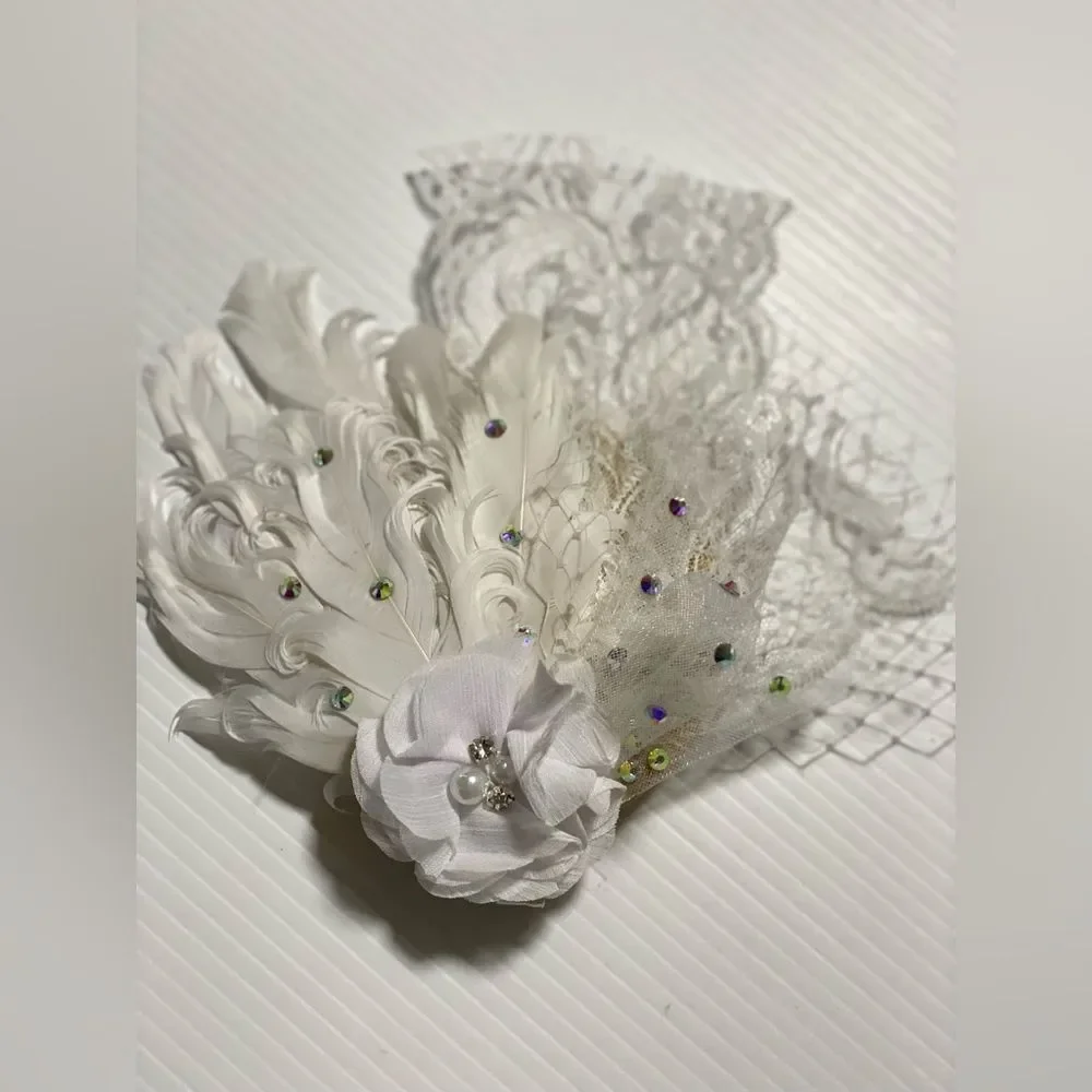 Birdcage veil lace feather fascinator hair accessory Bridal dance formal flapper